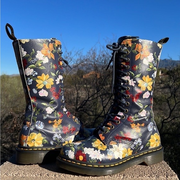 Dr. Martens Slate Gray Blue Floral Tall 14 Eye Lace Up Darcy Boots - Picture 3 of 11